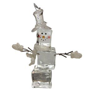 Snowman Ice Cube Acrylic Ornament Clear Frosted Accents 6" Winter Decor